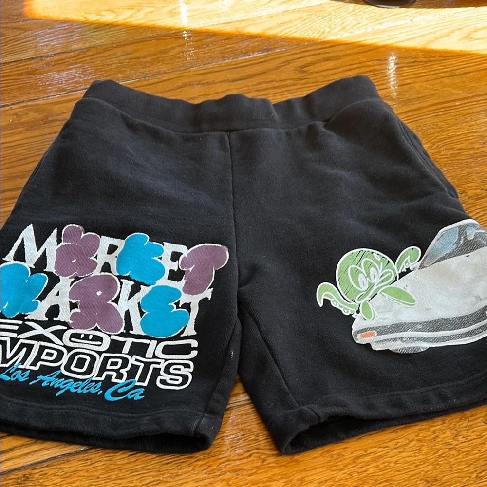 Market Exotic Imports drawstring fleece shorts.Size Medium. Pockets. Car graphic